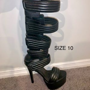 Leather strap up thigh high boots